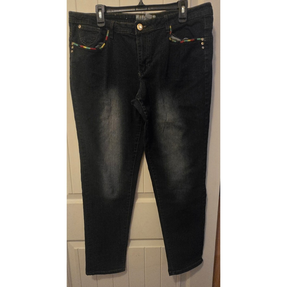 Que Hermosa Plus Size 20 Jeans Dark Wash Fleur De Lis Red Embroidered Bling Y2K
